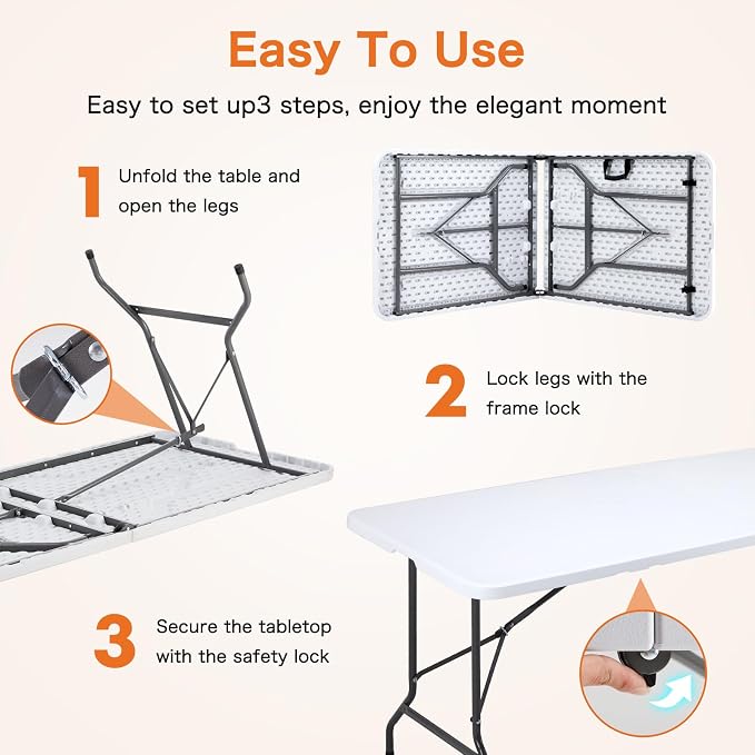 Sweetcrispy 8 FT Folding Picnic Table 2 Pack, Easy to Fold and Store, Foldable Table for Camping Picnic Dining Party Kitchen Outdoor Indoor with Carrying Handle