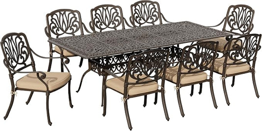 MAGIC UNION 9 Pieces Outdoor Dining Set, Cast Aluminum Retro Patio Dining Set Includes 87" Rectangular Dining Table with Umbrella Hole and 8 Stackable Dining Chairs with Cushions (Khaki)