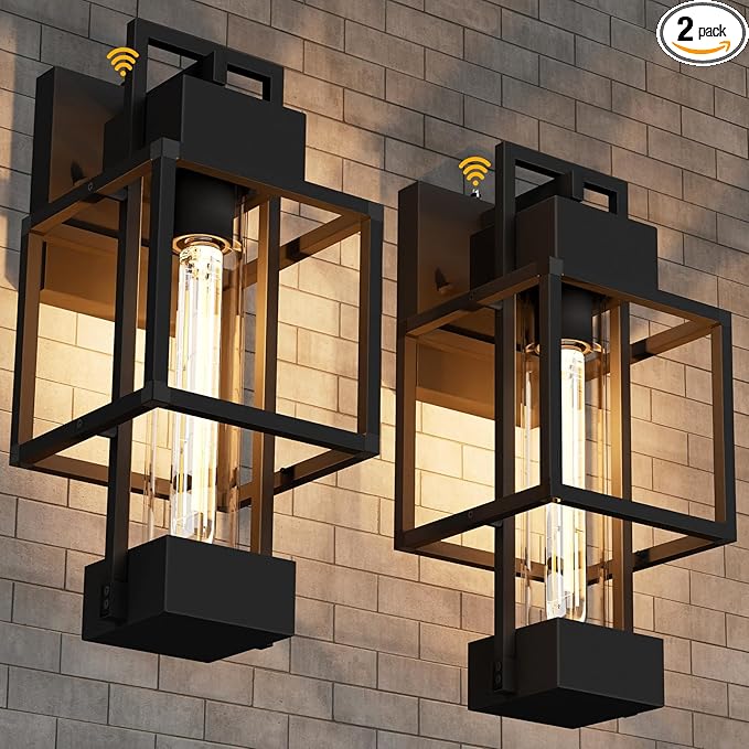 Hotsonic 2 Pack Dusk to Dawn Outdoor Exterior Lighting Fixtures Wall Mount, 15'' Dimmable Porch Lights for Outside, Waterproof Wall Lantern Lamps, Black Sconce Coach Lights for House, Garage