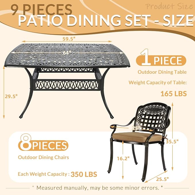 9 Piece Outdoor Patio Dining Set for 8, Cast Aluminium Large Square Dining Table & 8 Cushioned Stackable Chairs, Umbrella Hole, Patio Furniture Set for Garden Porch Poolside, Khaki