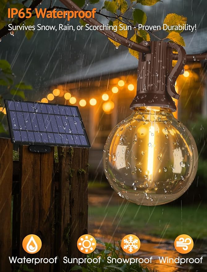 25FT Solar String Lights with Remote, 3 Modes, 11 G40 Bulbs, Brown | Solar Powered, Dusk to Dawn, Dimmable, Timer, Memory Function, LED Globe Hanging Lights for Fence Deck Yard