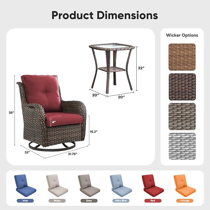 Belord Patio Wicker Chairs Swivel Rocker,Outdoor Patio Furniture Set with Rattan Side Table, All Weather Conversation Set for Porch Poolside Balcony, Brown Wicker/Red