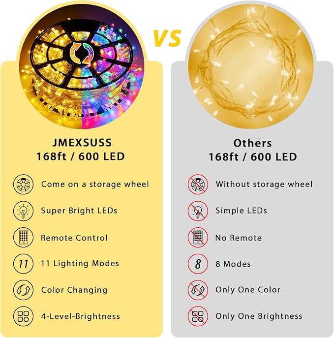 JMEXSUSS 168FT 600 LED Color Changing Christmas Lights Outdoor Plug in | Warm White & Multicolor Christmas Lights with Remote, Christmas Tree Lights Indoor Clear Wire for Outside Xmas Decor