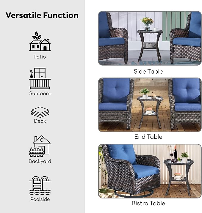 Belord Rattan Patio Side Table, 2 Tier Hand Woven Wicker Bistro Table, 5 mm Frost Glass Top Square Table, Brown Wicker