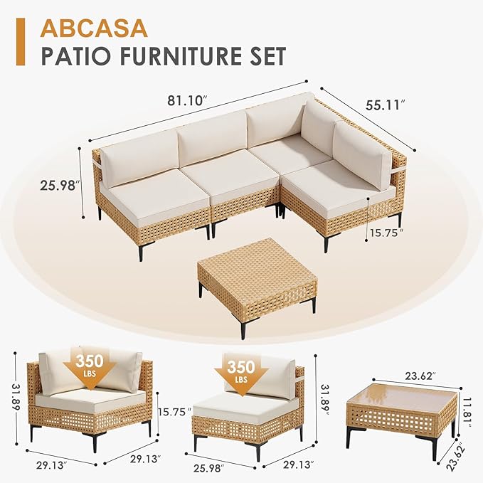 ABCASA Patio Sectional Furniture Set, 5-Piece Wicker Outdoor Patio Furniture Sets with Anti-Slip Cushions & Coffee Table,Boho Patio Conversation Set Sectional Sofa for Backyard,Porch,Garden,Beige