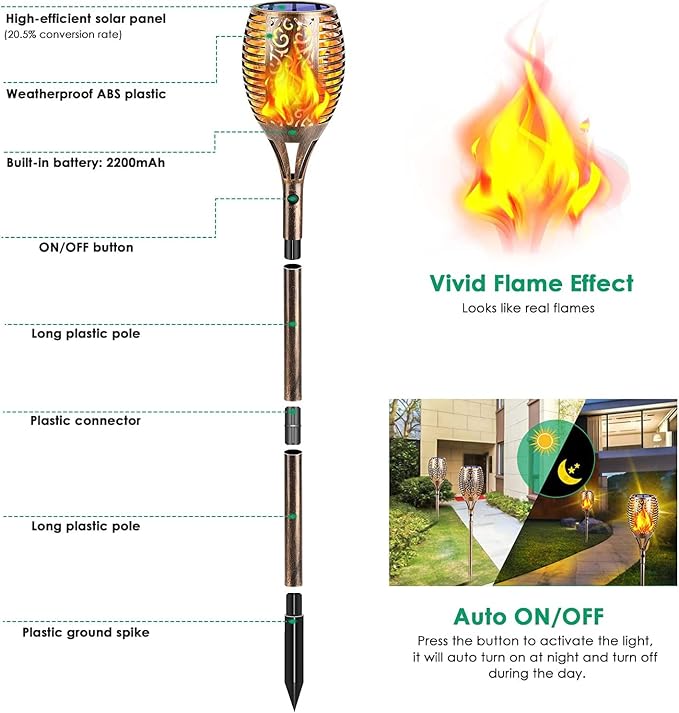 TomCare Flickering Flame Solar Torch Lights Outdoor, 43" Tall, 4 Pack | Realistic 99-LED Flame Effect, Charges in 6-8 Hours, 10-12-Hour Runtime, IP65 Waterproof, Auto On/Off for Yard, Patio, Garden