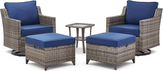 5 Pieces Outdoor Patio Furniture Set-All-Weather Wicker Patio Swivel Glider Chairs with 2 Ottoman and Glass Side Table, Patio Conversation Sets for Porch Balcony Deck - Blue/Grey