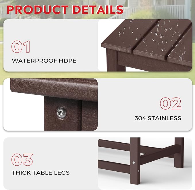 Costaelm Adirondack Conversation Table, HDPE Outdoor Drink Weather Resistant, Outdoor Patio Porch Accent Balcony Table for Pool, Seaside, Backyard, Dark Brown