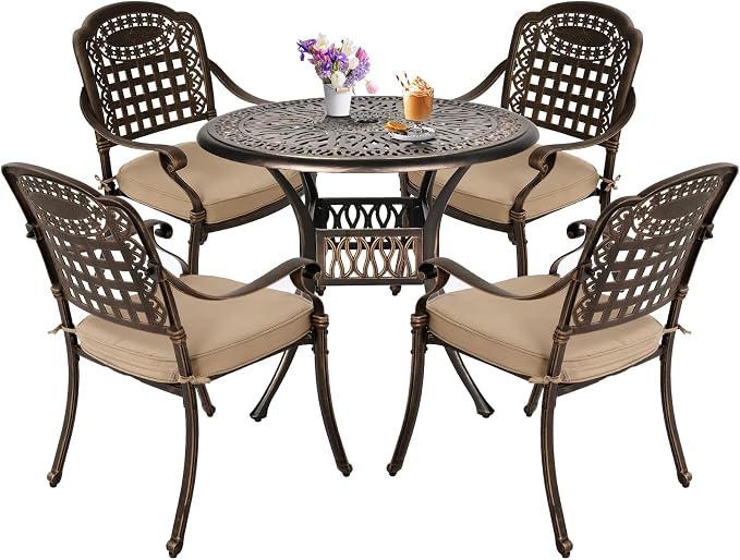TITIMO 5-Piece Cast Aluminum Outdoor Patio Dining Set, 4 Pattern Chairs and Table,Cast Aluminum Conversation Set with 2.2” Umbrella Hole (Mesh Back Khaki Cushion, 1 Round Table + 4 Chairs)