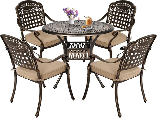 TITIMO 5-Piece Cast Aluminum Outdoor Patio Dining Set, 4 Pattern Chairs and Table,Cast Aluminum Conversation Set with 2.2” Umbrella Hole (Mesh Back Khaki Cushion, 1 Round Table + 4 Chairs)