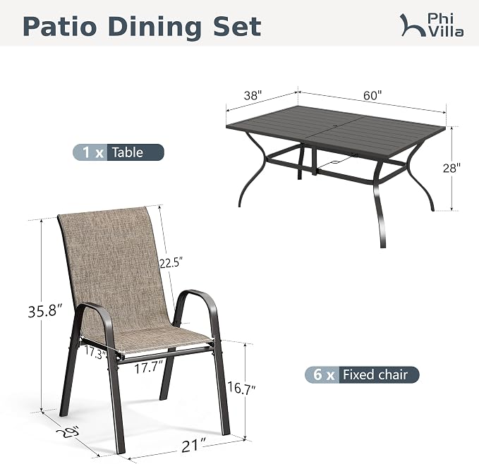PHI VILLA 7 Piece Patio Table and Chairs Set for 6 Person, Metal Slat Rectangle Table and Stackable Patio Chairs with Textilene Mesh Fabric, All Weather Patio Furniture Set for Deck Lawn Garden