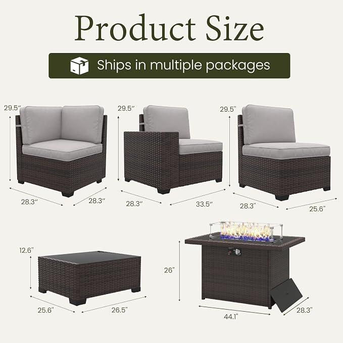 LayinSun 7 Pieces Outdoor Patio Furniture Set with 44" Fire Pit Table Brown Rattan Sectional Sofa Conversation Sets