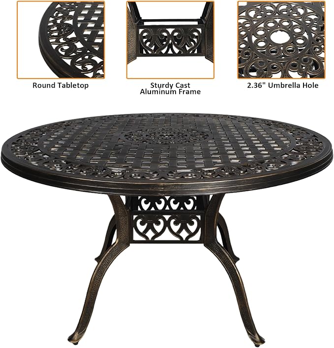 48" Cast Aluminum Outdoor Dining Table,Dining Conversation Side Table, Patio Bistro Table with 2.36" Umbrella Hole for Backyard, Garden, Patio, Porch