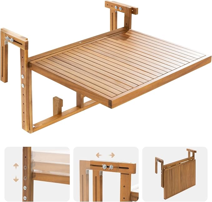 Idzo FSC Acacia Wood Folding Balcony Bar Table for Railings, Adjustable Height & Width, Teak Finish Durable Against Weather, Ideal Spacious Dimension of 27 9/16 x 23 7/16 Inch, Rectangular Design