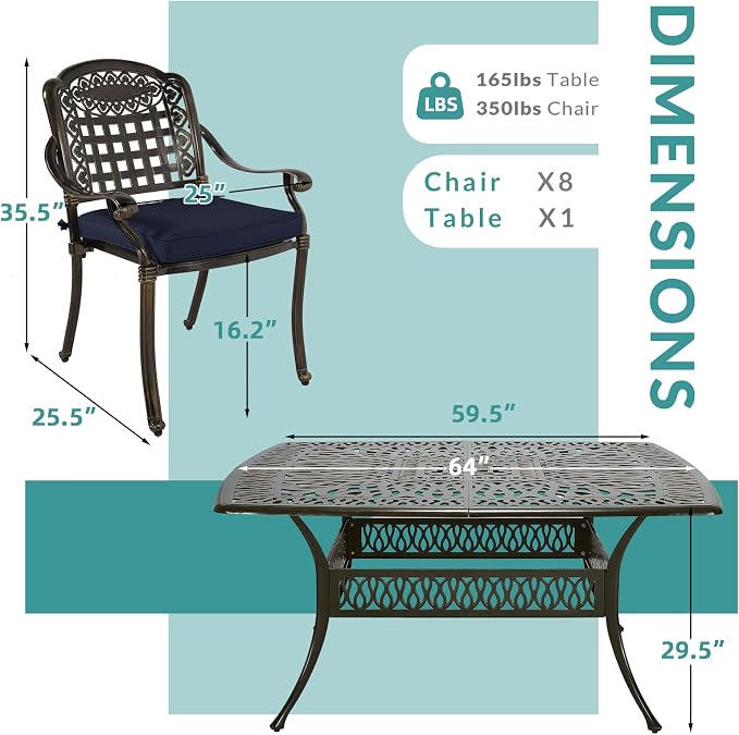 MEETWARM 9-Piece Outdoor Furniture Dining Set for 8, All Weather Cast Aluminum Patio Dining Set- Large 64" Square Table with Umbrella Hole and 8 Cushioned Chairs, Patio Table and Chairs Set, Navy Blue