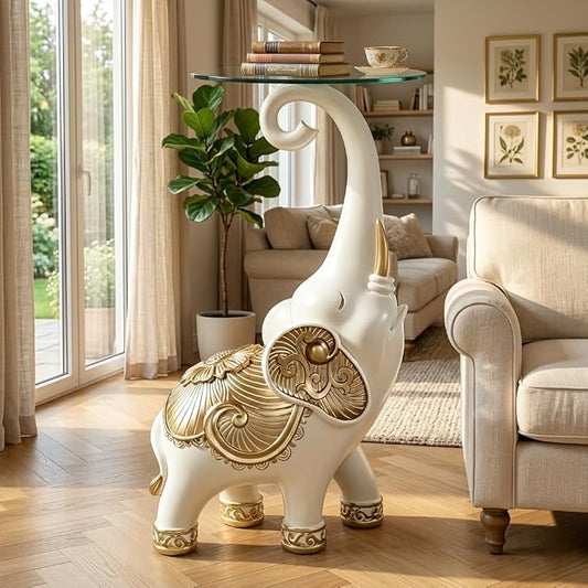 Elephant Side Table with Glass Top, White and Gold, 27.2 Inch