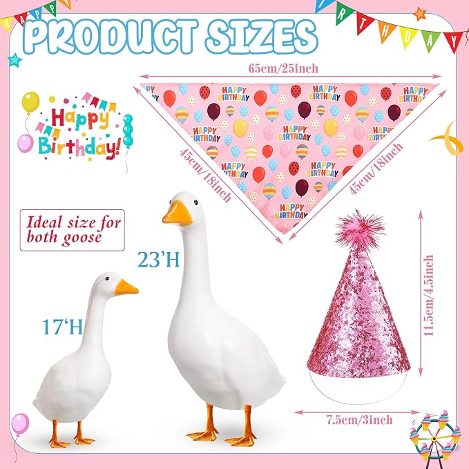 Happy Birthday Goose Outfit with Glitter Hat and Bandana,Pink | for 23" 17" Cement Plastic Porch Goose, Outdoor Statue Patio Yard Lawn Art