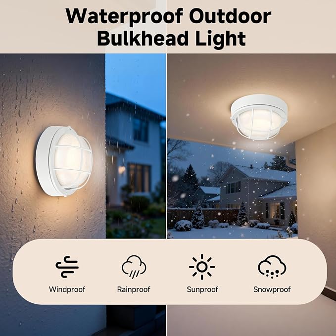 8"Outdoor Bulkhead Light, White Round Exterior Bulkhead Wall Light Fixture, Nautical Bulkhead Sconce lighting, Waterproof Sauna Light, Wall/Ceiling Flush Mount, Aluminum & Glass, E26 60W, 2 Pack