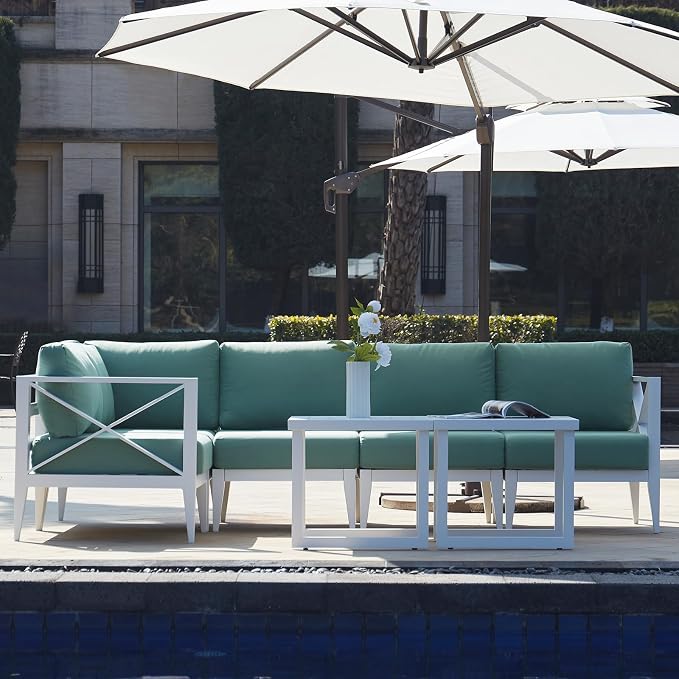 Outdoor Aluminum Patio Furniture Set, 5-Seats Patio Conversation Sofa Set with 1 Corner Sofa and 2 Coffee Tables, All Weather for Pool, Balcony, Garden-White