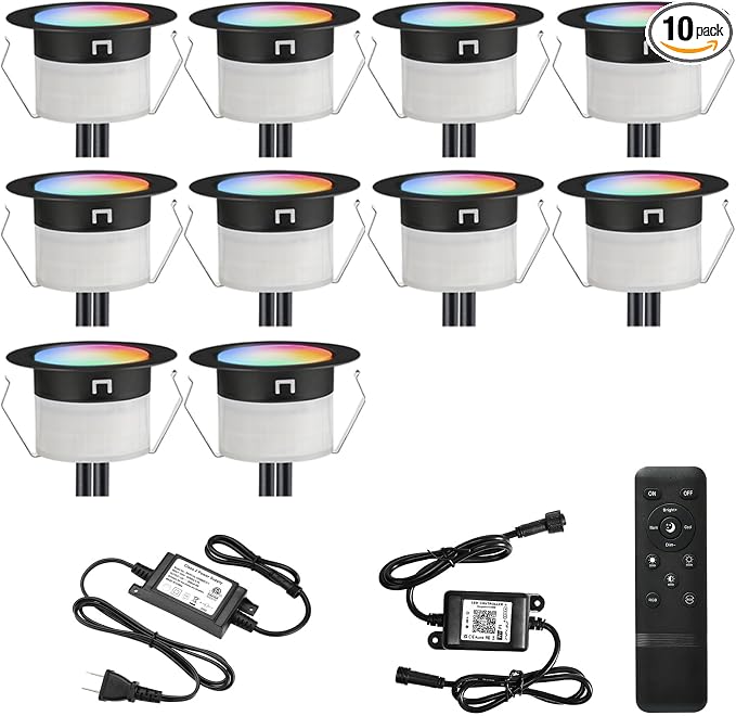 LED Deck Lights Kit, 10pcs Φ1.22 WiFi Smart Phone Control Low Voltage Recessed RGBW Deck Lighting Waterproof Outdoor Yard Path Stair Decor, Black
