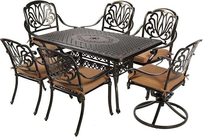 VIVIJASON 7 Pieces Cast Aluminum Outdoor Furniture Dining Set, Include 4 Stationary Chairs, 2 Swivel Dining Chairs and a Rectangle Table with 2" Umbrella Hole, Patio Conversation Set for Lawn Garden