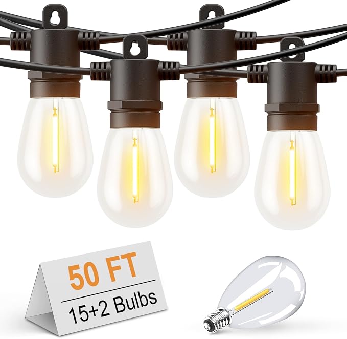 Svater Outdoor String Lights LED 50 FT, LED Patio Light Waterproof IP65 | Dimmable S14 E12 Shatterproof Bulbs,Hanging Lighting for Bistro Cafe Porch Outside Party, ETL-Listed, Warm White
