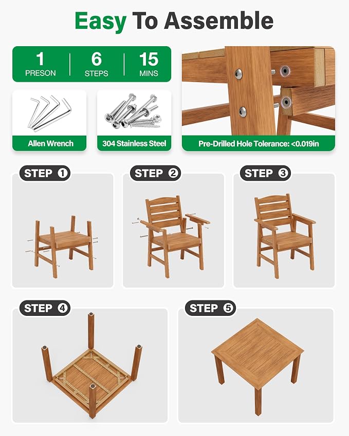 YEFU HIPS Patio Dining Sets:3-Piece All-Weather Outdoor Dining Table and Chairs Square Dining Table Set for 2 - Easy Assembly Outdoor Furniture Set for Lawn Deck Backyard Poolside（Teak）
