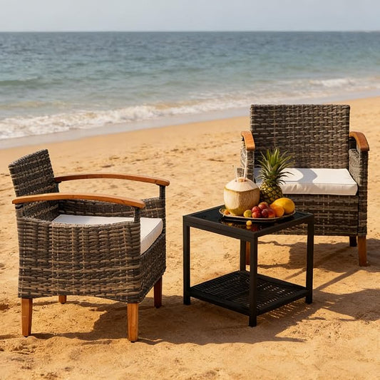 3 Pcs Outdoor Patio Conversation Set, Outdoor Patio Rattan Chair with Side Coffee Table, Outdoor Patio Furniture Sets for Yard Garden Backyard Lawn (Gray)