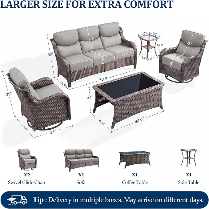 Luxury Swivel Rocker Chairs Sofa Set with 6" Thick Cushion 5 piece Wicker Outdoor Patio Chair with Coffee Table High Back Comfortable Outdoor Patio Furniture Set - Brown | Gery