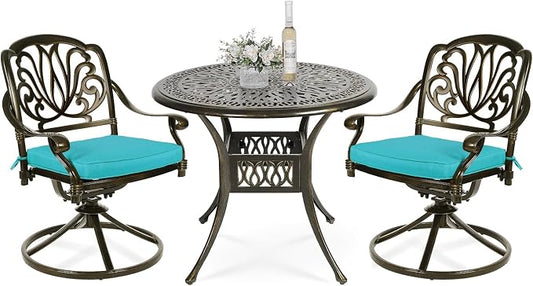 VIVIJASON 3-Piece Patio Furniture Dining Set, Outdoor All-Weather Cast Aluminum Bistro Set, Include 2 Swivel Chairs and 35.4" Round Table w/Umbrella Hole for Balcony, Lawn, Garden (Ocean Blue Cushion)