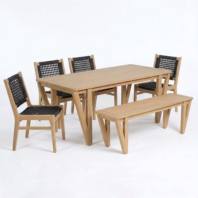 Christopher Knight Home Della Acacia Wood Dining Table Set for 6, 6 Piece Outdoor Dining Set with 70.75" Dinner Table, Bench and Armless Chairs, Patio Furniture Set for Dinner, Light Teak+Black
