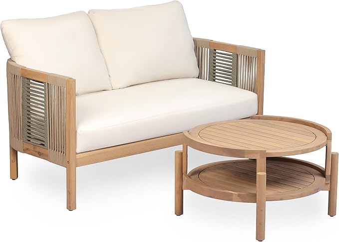 Christopher Knight Home Outdoor Acacia Wood Loveseat with Coffee Table, Acacia Wood Patio Furniture, Outdoor Conversation Sofa Set, Patio Sectional Chat Set for Backyard Balcony, Teak+ Beige
