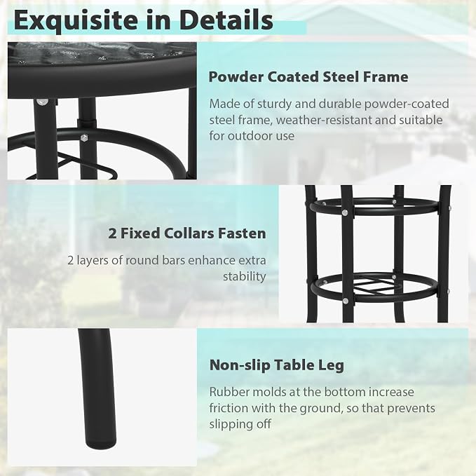 MKDLUFEI Patio Table with Umbrella Hole, 32 Inch Round Tempered Glass Metal Outdoor Dining Table Garden Elements for Balcony, Backyard Pool(Round)