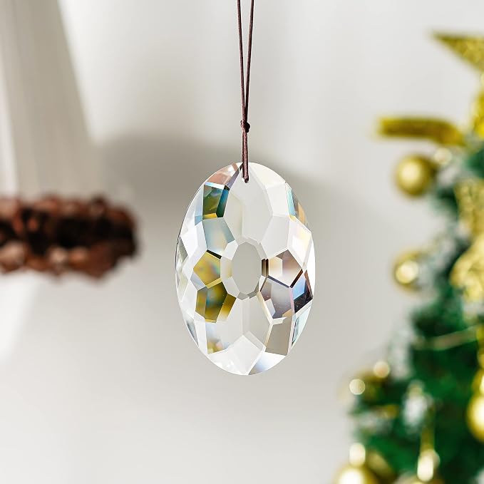 YU FENG 3.5 Inch Oval Crystal Prism Suncatcher, Clear Rainbow Maker | Clear Faceted Crystal Design, Window Hanging Pendant, Sun Catcher Ornament, Natural Light Reflection, Indoor Outdoor Decor