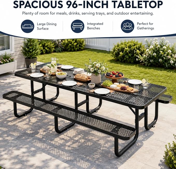 8 FT Heavy Duty Outdoor Metal Picnic Table with Umbrella Hole, Commercial Grade Steel Picnic Table with Benches, Seats 8-10 Adults, Weather Resistant for Backyard, Park, School & Campground