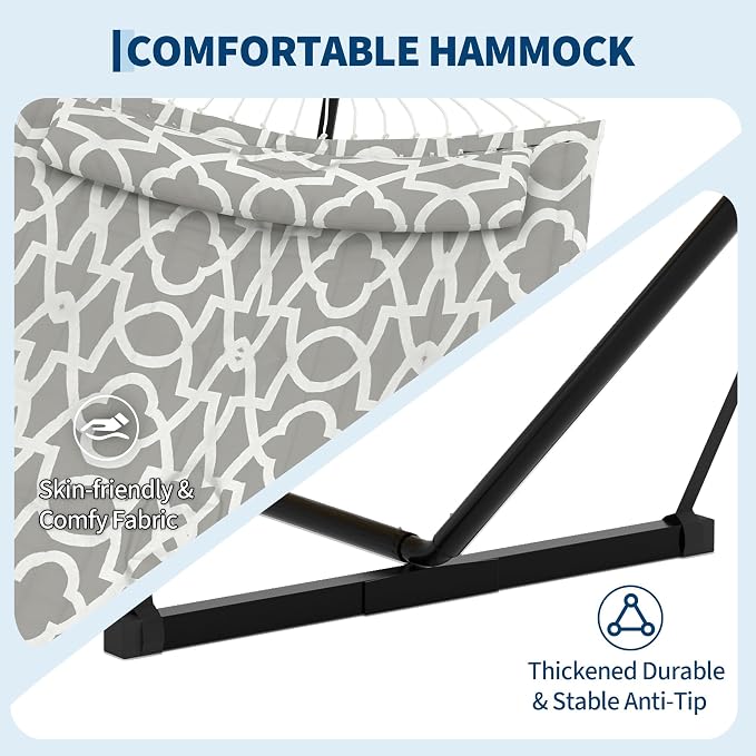 2 Person Hammock with Stand for Outside, Double Hammock with Stand and Pillow, Max 450 Lbs Capacity with Balance Rope, Large Hammock for Outdoor Patio Backyard Poolside