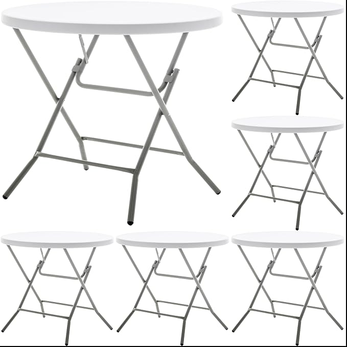 BTEXPERT Set of 5, White 2.63 Foot Round Plastic Folding 30" Height Commercial Portable for Banquet Card Plastic Coffee Dining Wedding Party Event Home Kitchen Indoor Outdoor Thick Top Metal Frame