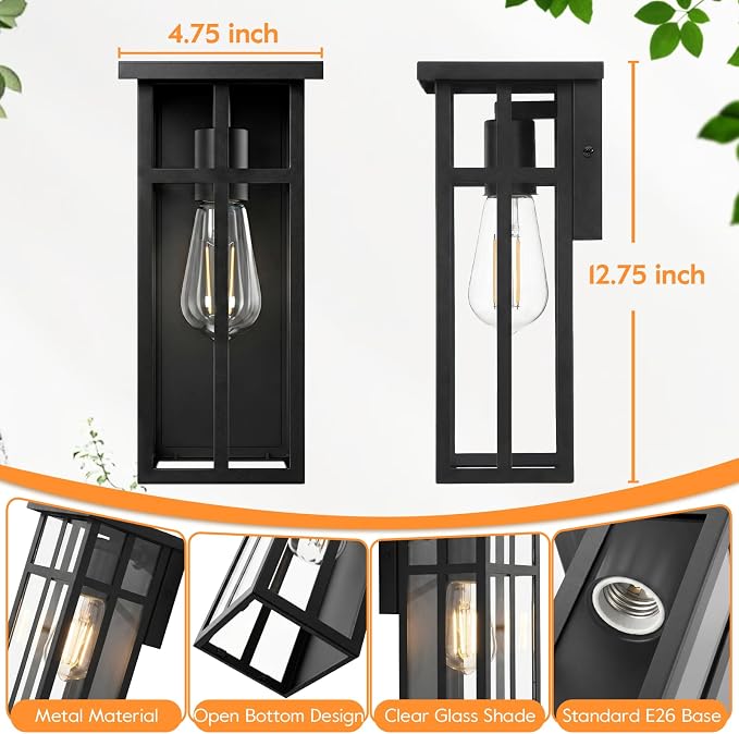 Outdoor Wall Light Fixtures, Modern Black Porch Wall Lights | Waterproof Construction & Durable Metal, Rust-Resistant, Quick & Easy Installation, Clear Glass Shades & Standard E26 Socket