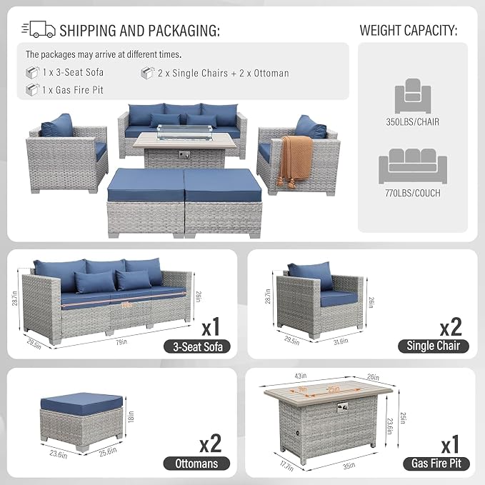 6-Piece Wicker Outdoor Patio Furniture Set with PE Rattan Sectional Sofa, Conversation Set and Fire Pit Table for Backyard Patio(Blue)