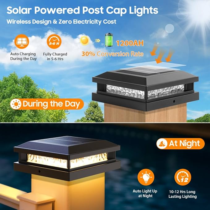 Solar Post Cap Lights 12 Pack, Upgraded Outdoor Fence Post Lights for 4x4 4.5x4.5 5x5 Vinyl/Wood Posts, Black Deck Posts Cap Light Solar Powered with Warm White/Cool White for Garden Patio Porch