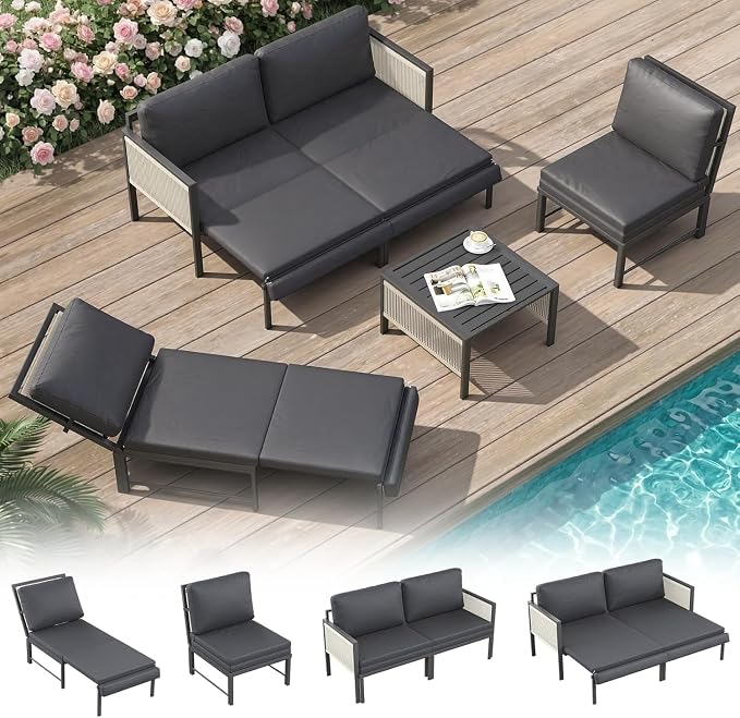 AECOJOY Aluminum Patio Furniture Set 8 Seats Outdoor Sectional Couch with Coffee Central Table Patio Conversation Sets for Porch Deck (Dark Grey, 8PCS, 8 Seat)