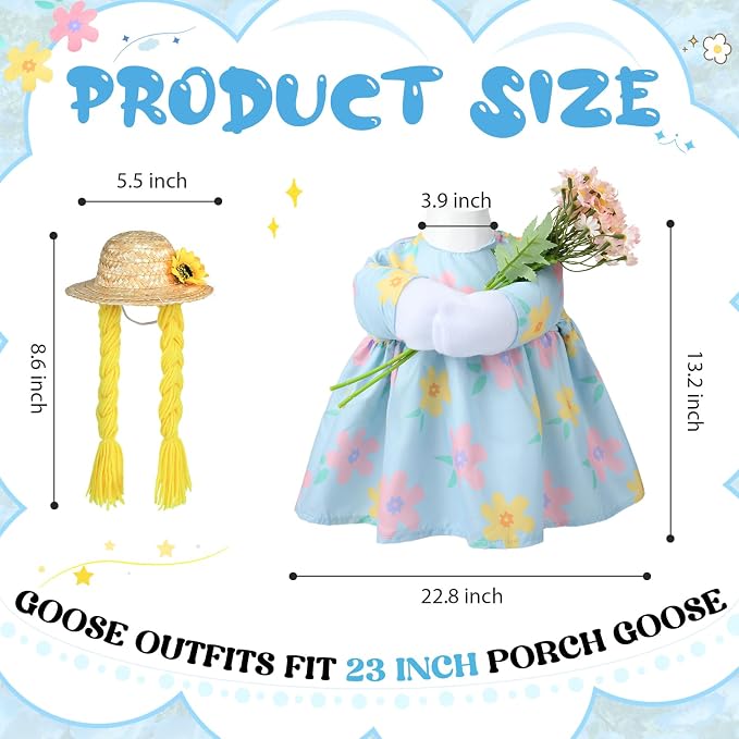 Spring Porch Goose Outfit, 23 Inch Floral Dress with Straw Hat and Braided Hair, Cute Goose Statue Clothes for Outdoor Lawn Garden Decor, Funny Farmhouse Porch Decoration