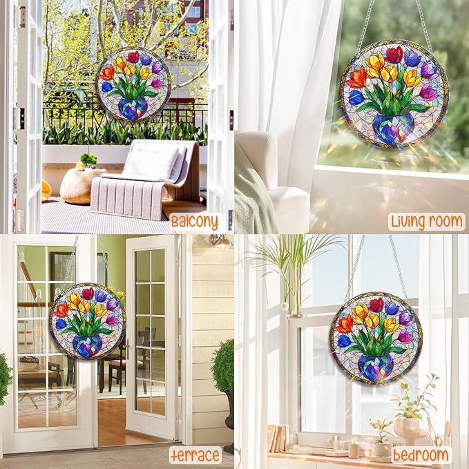 Acrylic Suncatcher Window Hanging, Tulip Flower Sun Catcher Rainbow Indoor Window Decoration for Living Room Bedroom Summer Home Balcony Ornaments, 7.87 inches