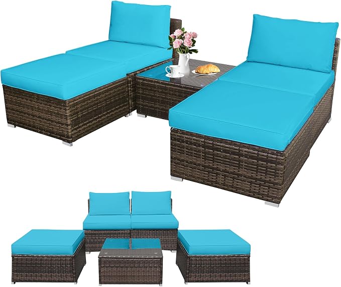 DORTALA Wicker Patio Furniture Set 5 Piece, Outdoor Conversation Sets with Chairs, Ottomans, Tempered Glass Table, Cushions, All Weather Rattan Sofa Couch for Balcony, Porch, Backyard, Deck, Turquoise