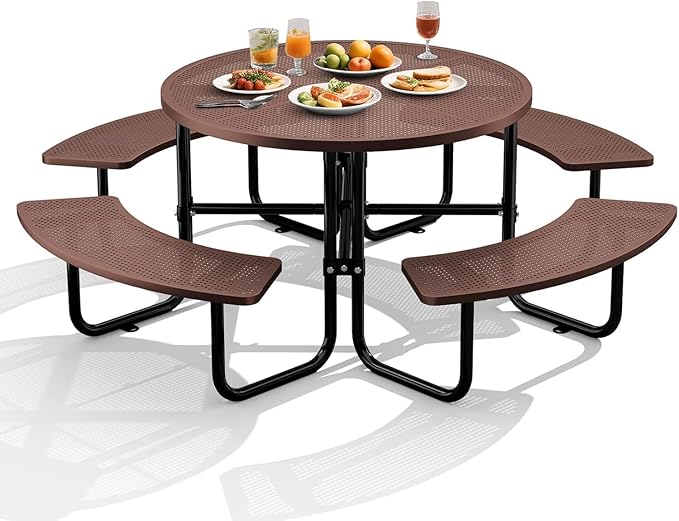 46" Coated Round Metal Picnic Table for 4-8 Person, Durable Heavy Duty Commercial Picnic Table with Umbrella Hole for Outdoor Coffee Shop, School, Easy to Install, Brown