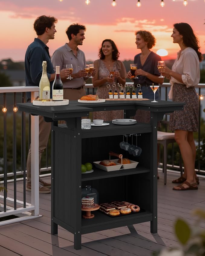SERWALL Outdoor Bar Table Set (1 Table with 2 Chairs) – HDPE Black Patio Bar Cabinet with 4-Tier Storage & Spacious Tabletop, Perfect for Outdoor, Poolside, Backyard
