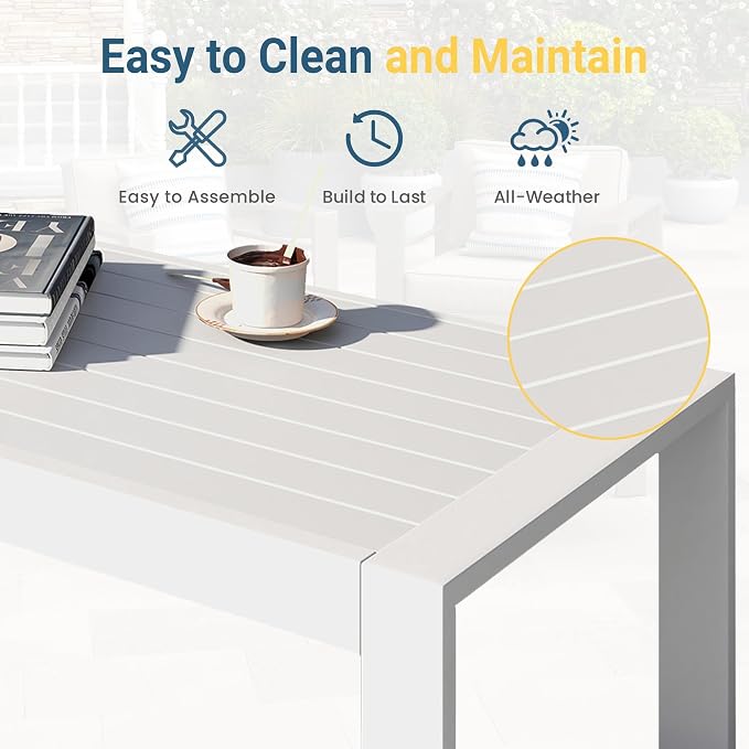 Modern Aluminum Outdoor Coffee Table, All-Weather Metal Rectangle Table for Patio, Balcony or Garden, White