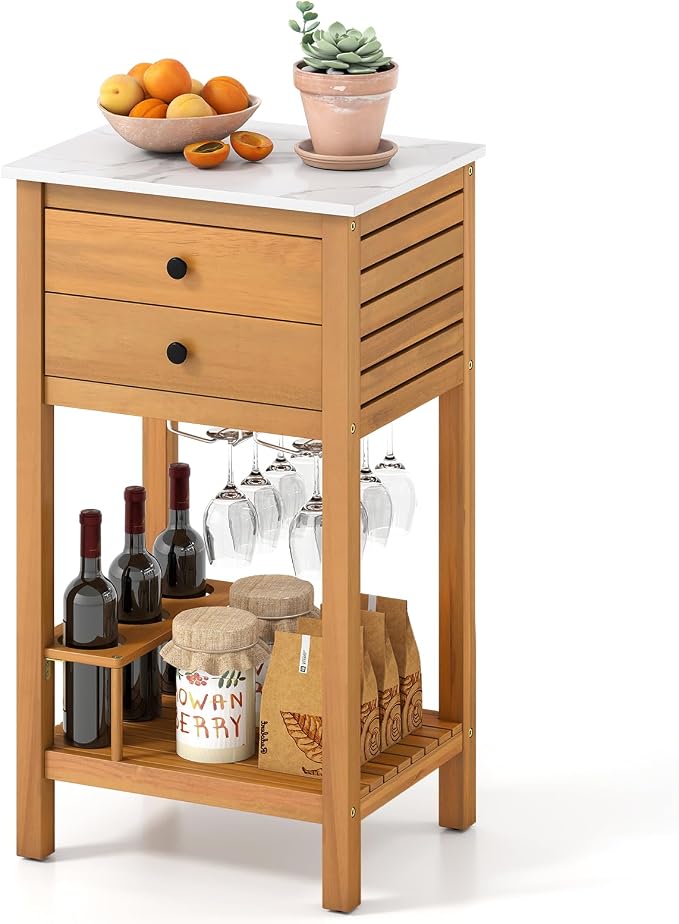 Giantex Acacia Wood Outdoor Side Table, Patio Buffet Cabinet Bar Table with Faux Marble Countertop, 2 Drawers, Glass & Wine Holders, Patio Storage Cabinet for Garden, Backyard