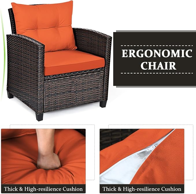 Tangkula 3 Pieces Patio Furniture Set, PE Rattan Wicker 3 Pcs Outdoor Sofa Set w/Washable Cushion and Tempered Glass Tabletop, Conversation Furniture for Garden Poolside Balcony (Orange)