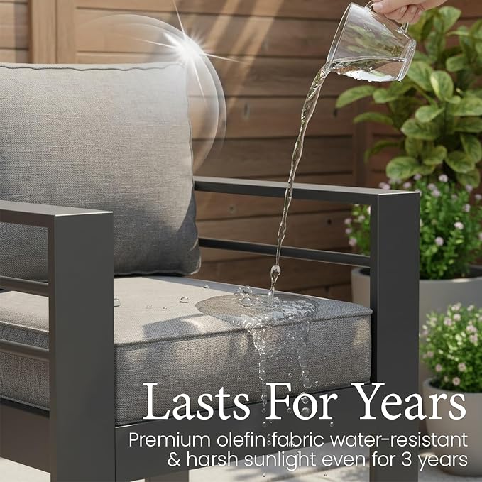 LayinSun Outdoor Aluminum Furniture Set, 4 Pieces Patio Sectional Conversation Chat Sofa Modern Seating Set with Coffee Table